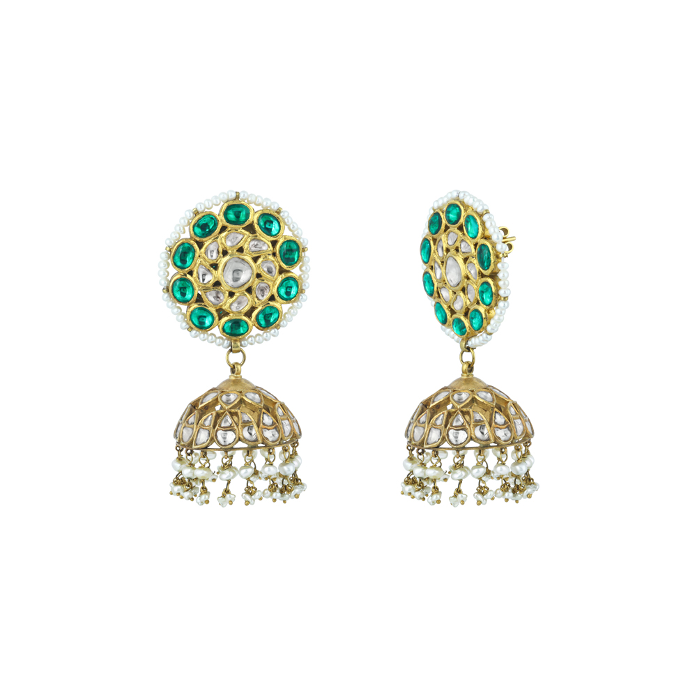 Polki Jhumka Earrings with Green stone and Pearl Borders